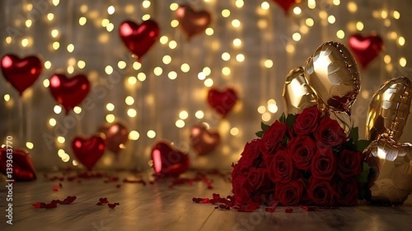 Fototapeta A romantic arrangement featuring a bouquet of red roses in the foreground with scattered petals, golden decorative bells, and a backdrop of warm glowing lights and heart-shaped balloons, creating a