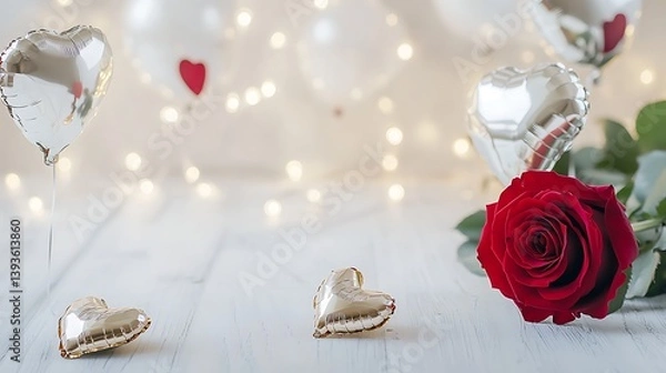 Fototapeta Romantic decor featuring red rose, silver heart-shaped ornaments, and white balloons with shimmering lights creating a warm ambiance