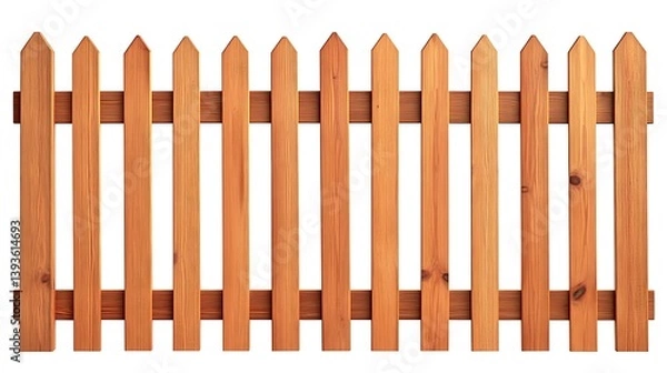 Fototapeta A wooden fence with a rustic design, showcasing vertical slats with pointed tops, exhibiting a warm brown color and natural wood grain texture