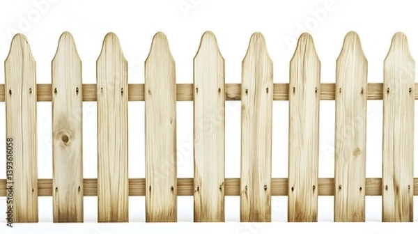 Fototapeta A clean and simple wooden picket fence with a natural finish against a white background, conveying a sense of rustic charm and tranquility