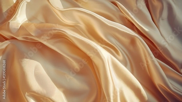 Fototapeta Smooth, shiny satin fabric in soft beige hues, showcasing intricate folds and texture in natural light