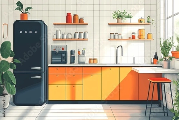 Obraz Modern Interior Kitchen Design: Vibrant and Cozy Style with Colorful Elements and Large Windows