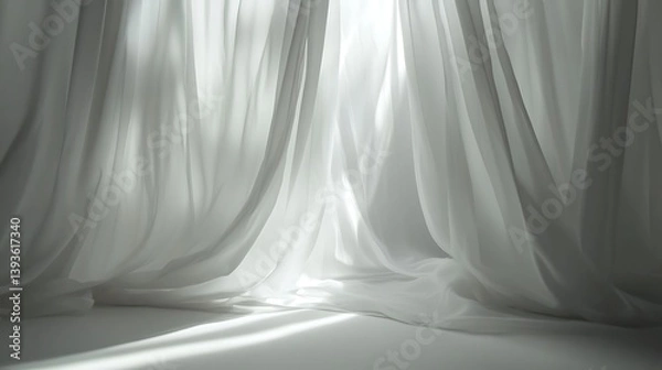 Fototapeta Soft, flowing white curtains gracefully draped, allowing natural light to filter through, creating serene and tranquil ambiance in a bright space