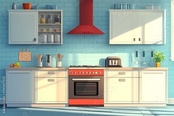Obraz Modern Kitchen Interior Design with Red and Blue Accents: Functional Appliances and Stylish Home Decor