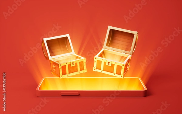 Fototapeta Mobile phone with treasure boxes on it, 3d rendering.