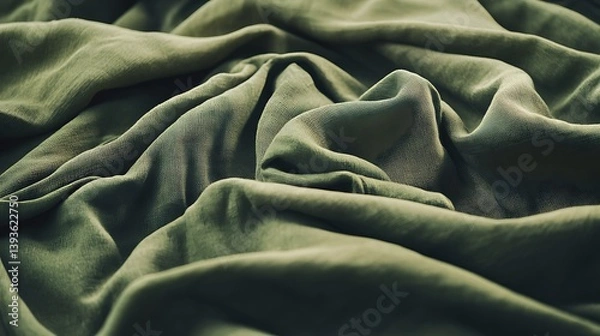 Fototapeta Textured green fabric with gentle folds and ripples creating a soft, inviting atmosphere, showcasing a play of light and shadow