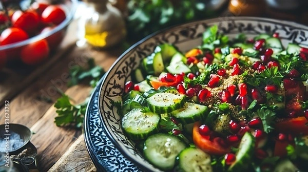 Fototapeta Colorful salad with cucumbers, tomatoes, pomegranate seeds, and herbs beautifully arranged in a decorative bowl on a wooden table, highlighting fresh ingredients