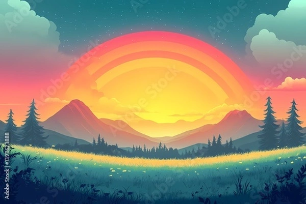 Obraz Vibrant Sunset Landscape Illustration: A Serene Digital Art Display of Colorful Nature Scenery