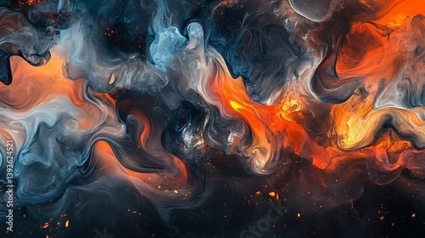 Fototapeta A vibrant abstract swirl of orange, blue, and gray fluid shapes creating a mesmerizing cosmic feel with hints of sparkle and glow