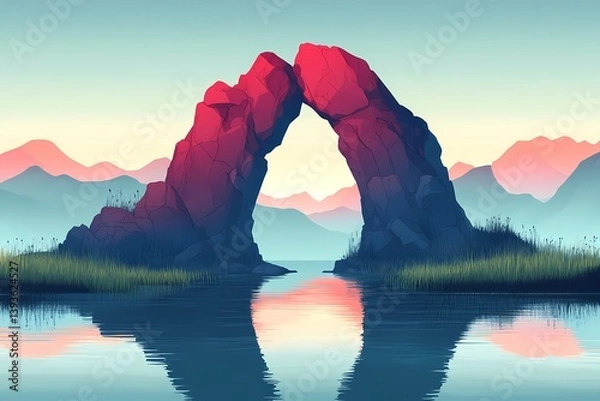 Obraz Vibrant Digital Landscape Illustration: Serene Arch and Rocky Horizon Reflections Amidst Mountains