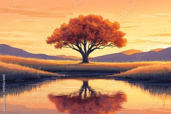 Obraz Autumn Tree Reflection at Sunset: Vibrant, Scenic Landscape with Fall Foliage and Tranquil Water in Picturesque Mountain Serenity