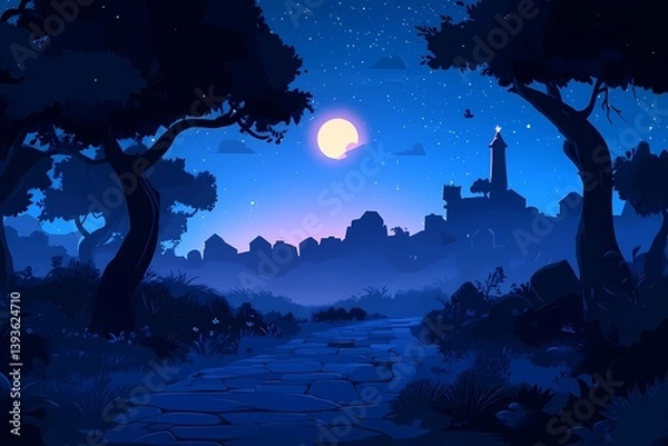 Fototapeta Moonlight Silhouette: Mystical Nightscape Illustration with Starry Sky and Trees in Whimsical Blue Tones - A Peaceful and Enchanting Forest Adventure