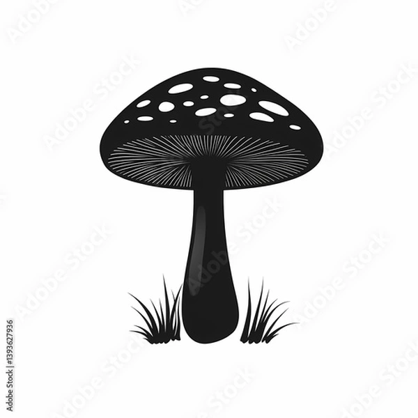Obraz Black and White Botanical Illustration of Toadstool Fungi in Natural Woodland Environment 