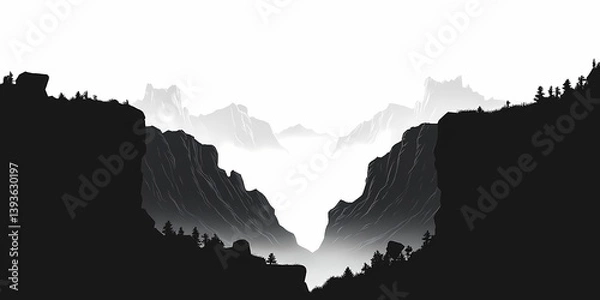 Fototapeta Black and White Vector Art: Mystical Silhouette of Mountain Range with Tranquil Landscape Design in High-Contrast Monochrome
