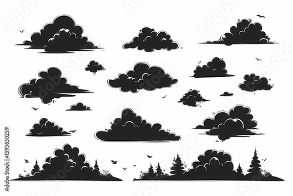 Fototapeta Monochrome Minimalist Nature Illustration with Artistic Clouds Silhouette in Dreamy Sky
