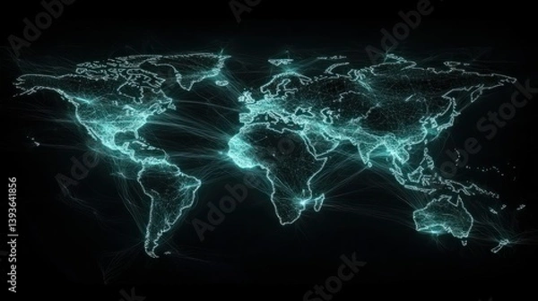 Fototapeta A glowing, digital representation of a world map with interconnected lines.