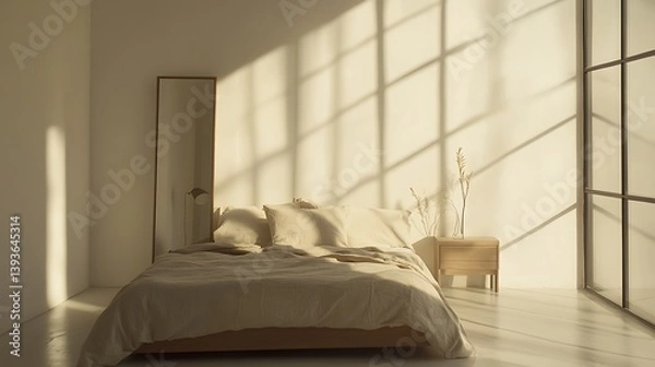 Fototapeta Bright and airy bedroom with sunlight casting shadows across a neutral-toned bed adorned with soft linens and minimalist decor