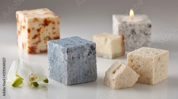 Fototapeta Serene Still Life  Cubes  Orchid  Candle  Spa  Wellness  Relaxation