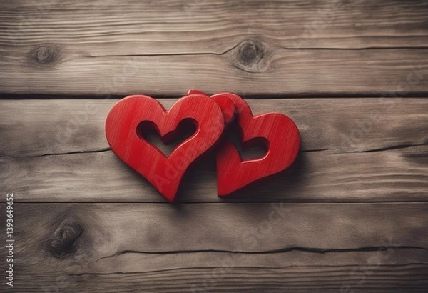 Fototapeta wooden gloss high red table rustic hearts interlocking concept wood day two valentine s finish love natural shiny glossy 2 closeup romance shape 14-Feb holiday background couple passion old symbol