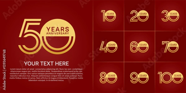 Fototapeta Anniversary logo style double line number set. golden color on red background for celebration event