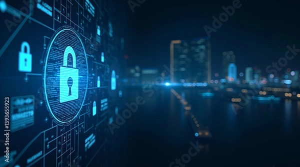 Fototapeta Modern digital visualization illustrating cybersecurity in global finance emphasizing proactive threat detection fortified digital infrastructure comprehensive data risk management for secure financia
