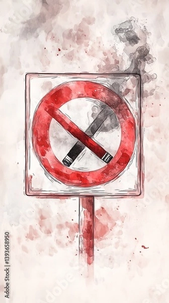 Fototapeta World no tobacco day. Red circle no smoking sign on a post warns of the ban on the road