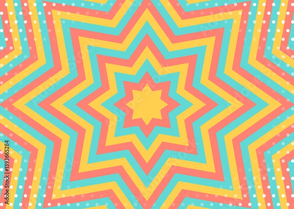 Fototapeta 同心状の星形のイメージとドットのパターン背景、八角星、ポップなデザイン