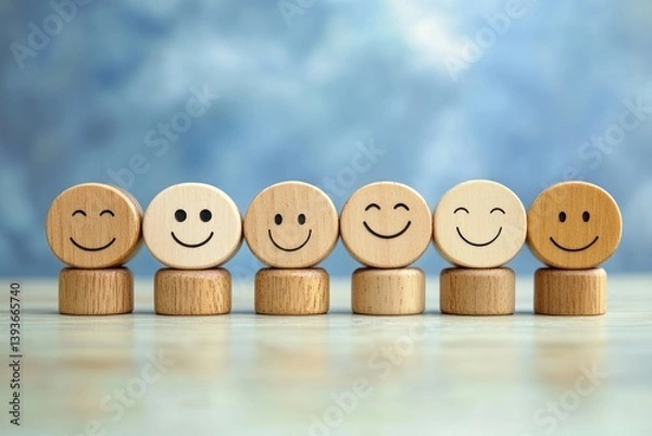 Fototapeta Customer service survey experience with wooden emoticons facial expressions and rating symbols