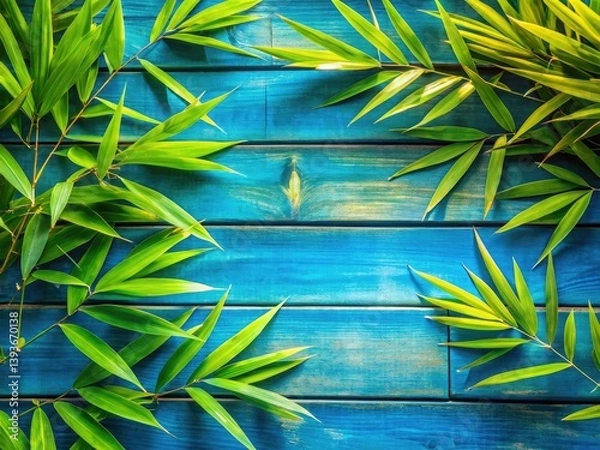 Fototapeta Drone's-eye view:  lush bamboo foliage contrasts sharply with a stunning blue wood surfaceâ€”nature's masterpiece.