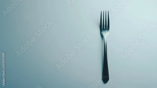 Fototapeta Silver Fork Utensil on Light Blue Background Flat Lay Studio Still Life