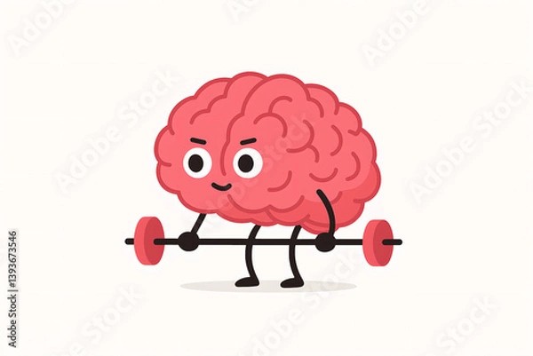 Fototapeta Cartoon brain lifting barbell for mental fitness, minimalist vector illustration for memory training and cognitive health in aging