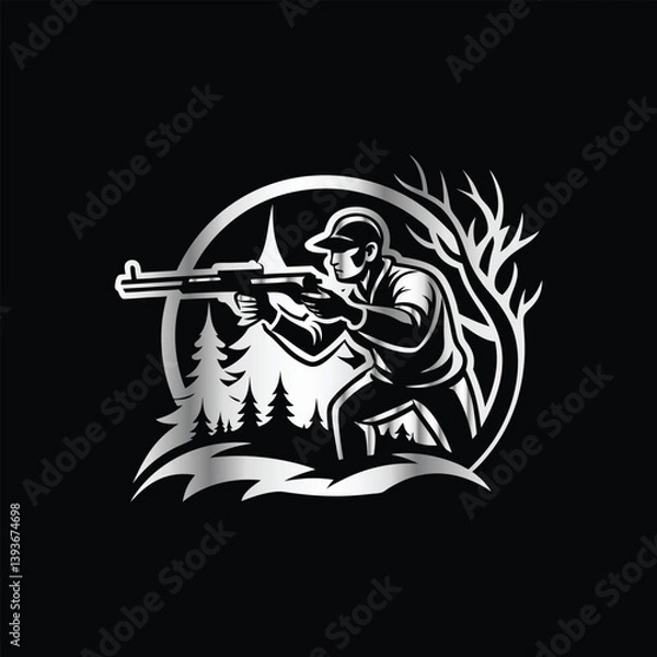 Fototapeta hunting hunter with gun and forest vector logo design template on black background. Lion and deer logo design vector template on black background. Vector illustration.