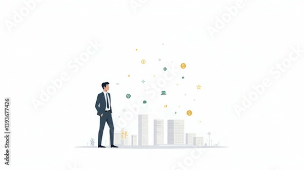 Fototapeta Explore our elegant flat photo stock wallpaper showcasing digital banking solutions with minimalist design and modern financial icons for global transactions.