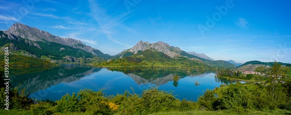 Fototapeta mMountain lake reflection in the reservoir of Riaño