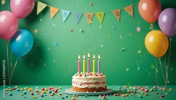 Obraz Birthday party with birthday cake, candles, balloons on green background with empty copy space.