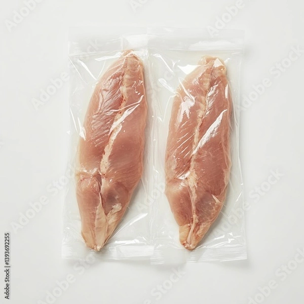 Fototapeta Vacuum-sealed chicken breasts on white background for freshness and preservation