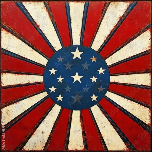 Fototapeta Patriotic Starry Background with Red White and Blue Sunburst Design for USA Events and Celebrations