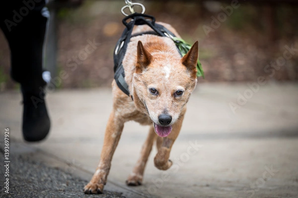 Fototapeta dog on leash running towards camera