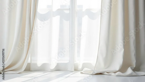 Obraz Simple, flowing white linen curtains, soft folds , wave, off white, background