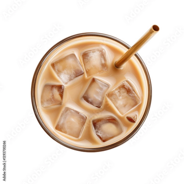 Fototapeta Iced chai latte isolated on transparent background, top view, view from above, delicious chai latte drink in glass cup with ice cubes, cold beverage, for cafe, coffee shop, menu,
