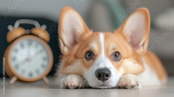 Obraz Adorable corgi resting near a clock