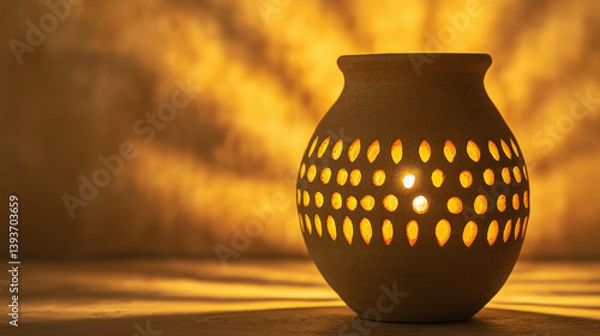 Fototapeta Decorative Clay Pot with Holes Casting Shadows on Warm Background in Soft Light