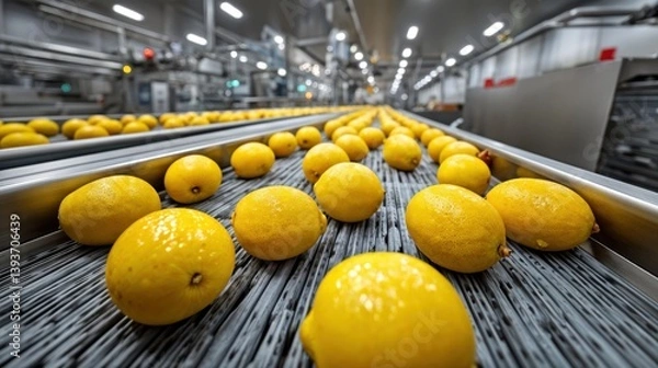 Obraz Freshly harvested lemons roll along a conveyor belt in a large processing facility, highlighting the efficiency of modern agriculture and the vibrancy of citrus during the peak of harvest season.