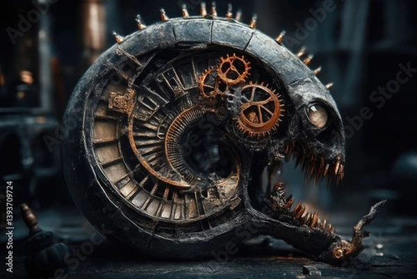 Obraz Steampunk creature head, intricate gears, dark backdrop