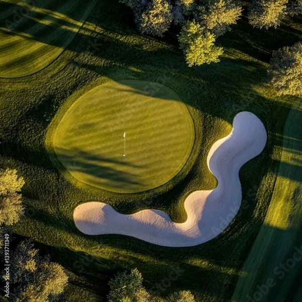 Obraz Aerial View of Golf Green with Sand Trap and Tree Shadows