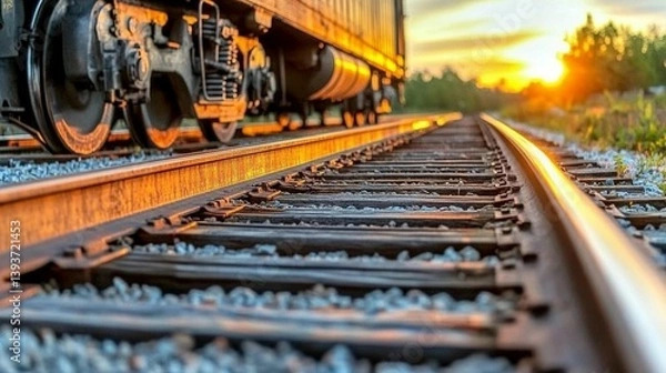 Obraz Sunset view of railroad tracks with train in background.