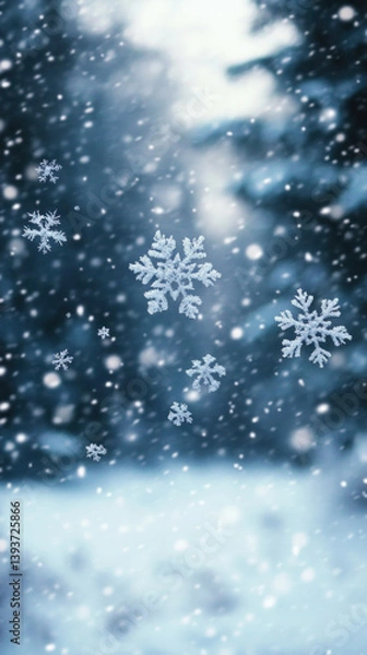 Fototapeta A snowy scene with snowflakes falling from the sky. The snowflakes are scattered all over the image, creating a sense of movement and liveliness