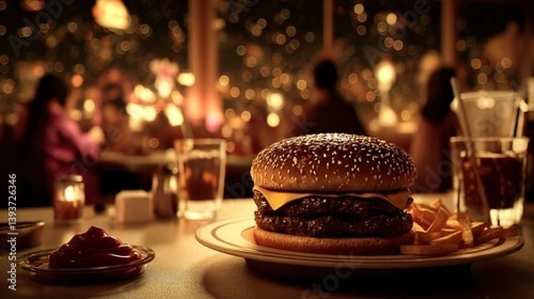 Fototapeta Double cheeseburger with fries on plate, glass of soda, ketchup, in cozy restaurant setting with other diners