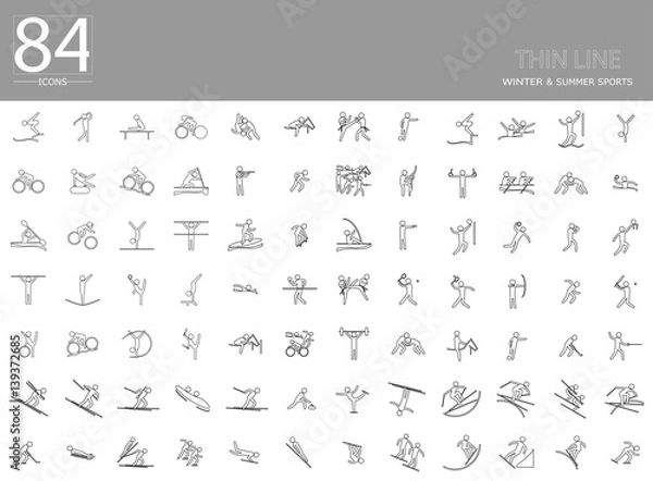 Obraz eps10 vector set of 84 winter and summer thin line sport icons. Silhouette sport sign collection. Indoor and outdoor activities, single and team sport included. Clip art for design, mobile, web, print
