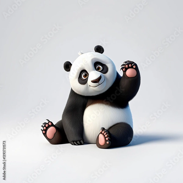 Obraz 3D Panda Mascot Waving on Clean White Studio Background